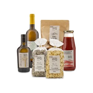 Pacco L’In-dispensa-bile: taralli, orecchiette, passata di pomodoro, olio, vino